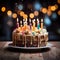 Celebratory scene birthday cake with candles on wooden table, lights