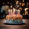 Celebratory scene birthday cake with candles on wooden table, lights