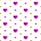 Celebratory seamless pattern with gold and violet hearts on a white backdrop, Vector. Decor for a wedding, birthday, Valentine`s D