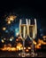 Celebratory toast with sparkling bubbly in festive champagne flute. With copyspace