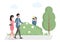 Celebrity couple walking in park, paparazzi hiding in bush with photo camera vector flat illustration.