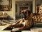 Celebrity pets attending a glamorous star-studded, Regal Boxer Dog Lounging in Luxurious Mansion, A majestic boxer dog reclining