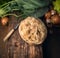 Celeriac celery on old wooden table