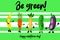 Celery, cucumber, carrots and banana. Cartoon cute characters with hands and faces on a striped background. Greeting