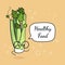 Celery with speech bubble. Balloon sticker. Cool vegetable. Vector illustration. Celery clever nerd character. Healthy food concep