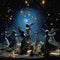 Celestial Ballet: A Captivating Dance of Abstract Figures in a Starlit Planetarium