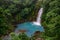 Celestial blue waterfall in volcan tenorio national park, top view