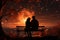 Celestial cuddle, Bench, full moon backdrop, shooting star loves illustrated silhouette embraced