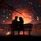 Celestial cuddle, Bench, full moon backdrop, shooting star loves illustrated silhouette embraced