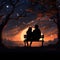 Celestial cuddle, Bench, full moon backdrop, shooting star loves illustrated silhouette embraced