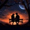 Celestial cuddle, Bench, full moon backdrop, shooting star loves illustrated silhouette embraced