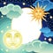 Celestial frame with moon and sun on starry sky background