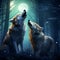 Celestial Guardians - A trio of majestic wolves adorned with ethereal constellations howling under a moon-illuminated