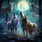 Celestial Guardians - A trio of majestic wolves adorned with ethereal constellations howling under a moon-illuminated