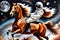 Celestial Harmony: Horse Riding an Astronaut in Acrylic on Canvas Style - Contrasting Domestic Equestrian Grace and Space