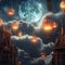 Celestial Lanterns: A Mesmerizing Night Sky with Moon and Illuminated Lanterns