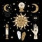 Celestial Magic gold colour illustration of icons and symbols of sun, moon, crystals, evil eye, witch hands