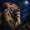 Celestial Majesty: Male Lion Contemplating Night Sky\\\'s Enchanting Canopy