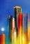 Celestial metropolis. A dazzling urban skyline under a blue starry night and moon. AI-generated