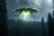 Celestial rendezvous, UFO spaceship hovers in night sky, green alien by forest