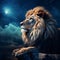 Celestial Reverie: Majestic Male Lion Contemplating Moon and Starry Sky