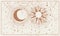 Celestial space background with sun and mysterious moon, banner for astrology, zodiac, tarot landing page. Hand drawn by