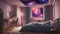 A celestial-themed bedroom with neon lights resembling a galaxy of stars on the ceiling, creating a dreamy and ethereal