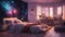 A celestial-themed bedroom with neon lights resembling a galaxy of stars on the ceiling, creating a dreamy and ethereal