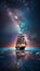 Celestial Voyage: Nebula Sails Ship on Milky Way Galaxy Seascape HD Background