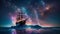 Celestial Voyage: Nebula Sails Ship on Milky Way Galaxy Seascape HD Background