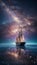 Celestial Voyage: Nebula Sails Ship on Milky Way Galaxy Seascape HD Background