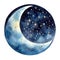 Celestial Watercolor: Moon and Stars in Galaxy Style AI Generated