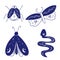 Celestical magic animals decorative vector logo set. Moth wildlife, snake symbol, tattoo graphic shape design, ethnic sketch
