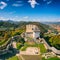 Celje Old castle, aerial view of medieval fortification and town of Celje, Slovenia, travel background