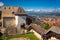 Celje Old castle, aerial view of medieval fortification and town of Celje, Slovenia, travel background