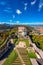 Celje Old castle, aerial view of medieval fortification and town of Celje, Slovenia, travel background