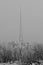 Cell communications tower partially hidden by dense fog in a hoar frost environment