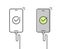 Cell phone charger connected icon or mobile smartphone recharge with usb cable line outline art illustration with check mark on