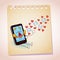 Cell phone sending love messages note paper cartoon sketch