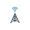 Cell Phone Tower Icon. Radio tower / mast with radio waves for broadcast transmission line art vector icon for apps and websites