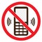 Cell telephone warning stop sign icon. Push button phone turn off
