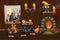 Cellar house, illustration interior wooden room with halloween symbols and fireplace