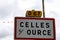 Celles sur Ource road sign, village of champagne sparkling wine in Cote des Bar, Champagne, France