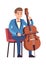 Cellist performance. Classic male musician character in blue dress with cello plays melody, violoncello instrument