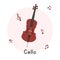 Cello clipart cartoon style. Simple cute brown cello string instrument flat vector illustration. Cello vector design