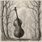 A cello in a forest with trees, album cover.