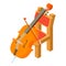 Cello icon isometric vector. Stringed musical instrument near wooden chair icon
