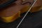 The cello lies on a wooden surface with a bow. Place for text