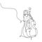 Cello music player continuous one line drawing minimalist, vector of a girl standing playing classical music instrument