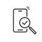 Cellphone or mobile phone inspection with magnifying glass on screen vector icon, line outline art smartphone successful